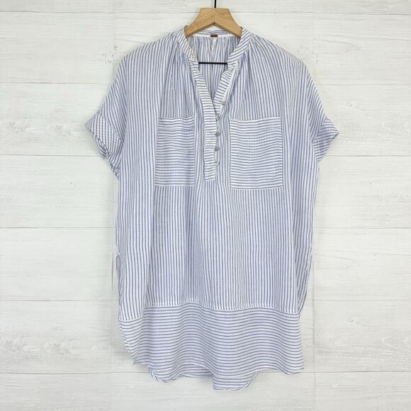 Free People For Keeps Oversized Tunic Top XS Blue Striped Linen Coastal Boho - Picture 15 of 16